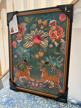 Sapna Shah Teal blue tiger Floral embroidered framed Wall Art